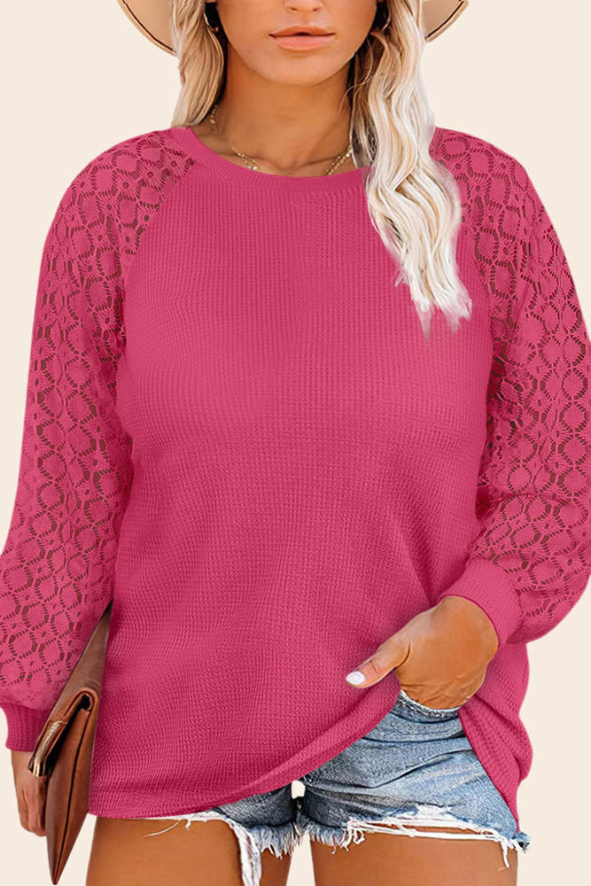 SALE! Plus Size Lace Sleeve Waffle Top