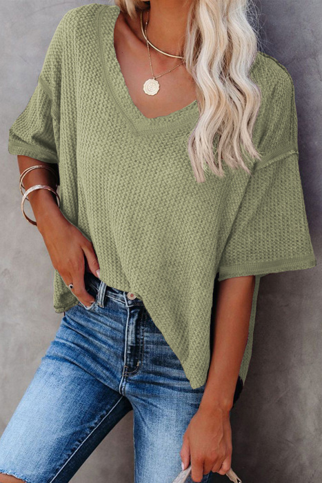 HIDDEN GEMS | Waffle Reverse Seam V-Neck Top