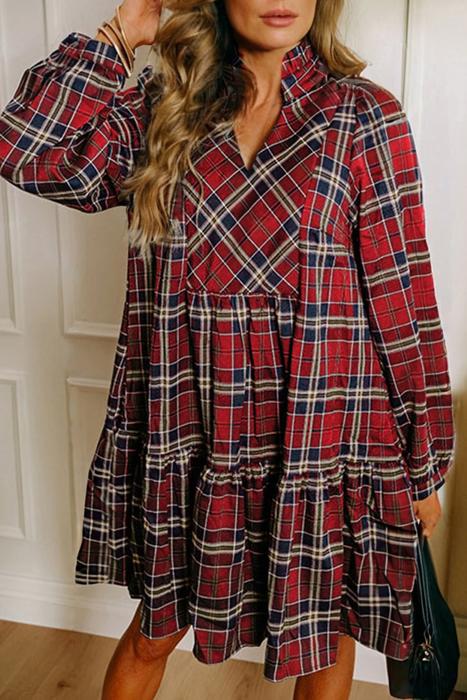 HIDDEN GEMS | Plaid Frilled Collar Long Sleeve Mini Dress