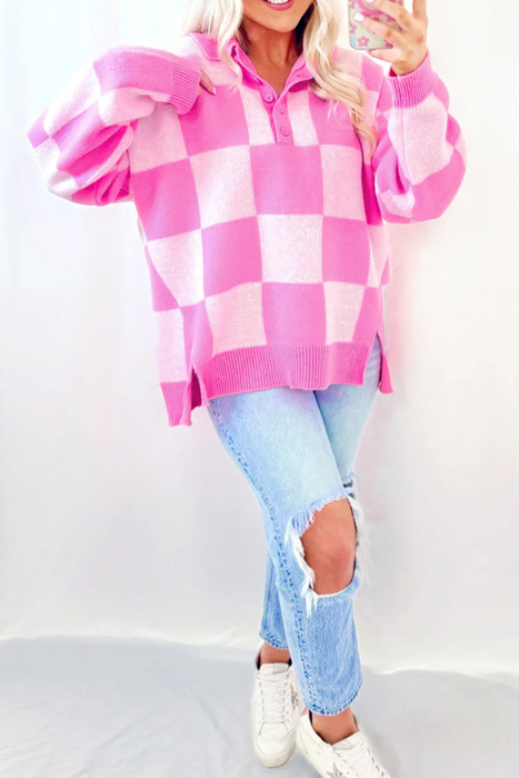 HIDDEN GEMS | Checker Half Button Collared Sweater