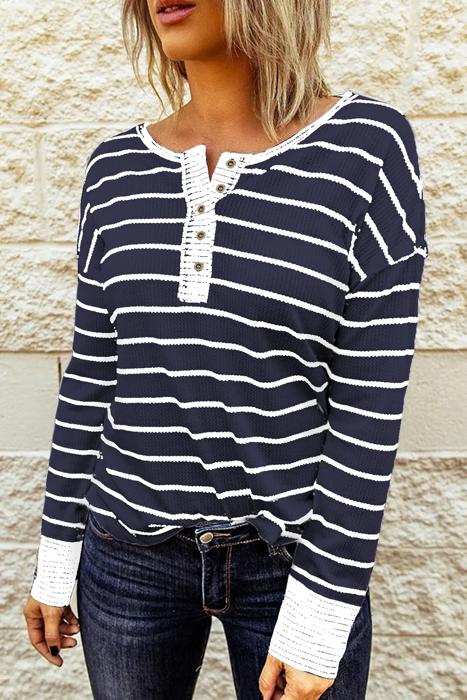 HIDDEN GEMS | Stripe Waffle Knit Buttoned Henley Top