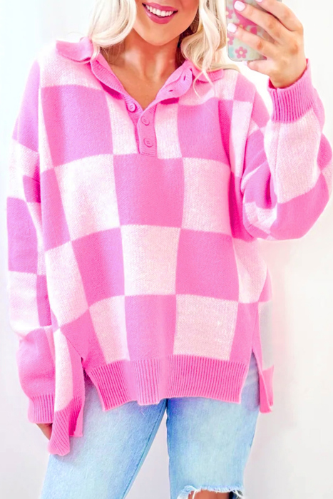 HIDDEN GEMS | Checker Half Button Collared Sweater