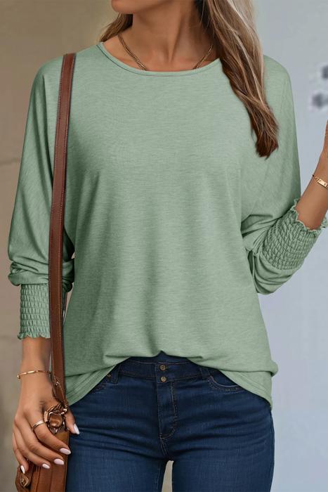 HIDDEN GEMS | Solid Shirred Cuffs Long Sleeve T-Shirt