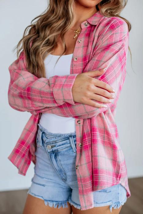 HIDDEN GEMS | Plaid Button-Up Long Sleeve Pocketed Shirt