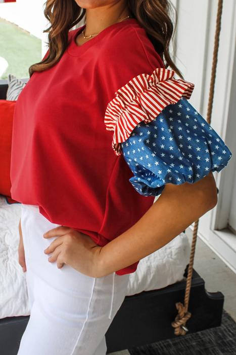 Stars & Stripe Ruffle Puff Sleeve Top