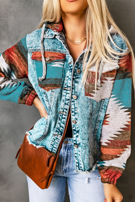 HIDDEN GEMS | Aztec Denim Patchwork Hooded Jacket