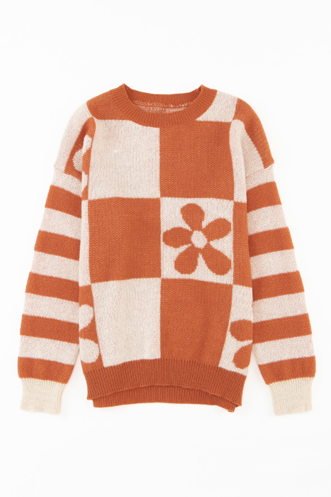 HIDDEN GEMS | Checker Floral Stripe Patchwork Sweater