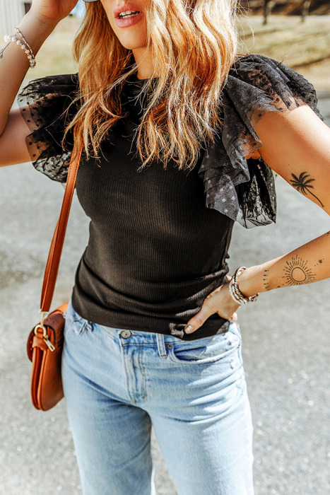 HIDDEN GEMS | Dotted Mesh Ruffle Sleeve Top
