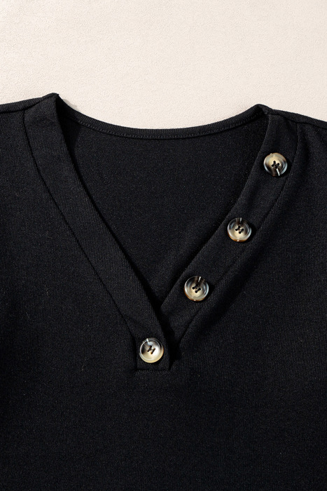 HIDDEN GEMS | Solid Ribbed Button V-Neck Top
