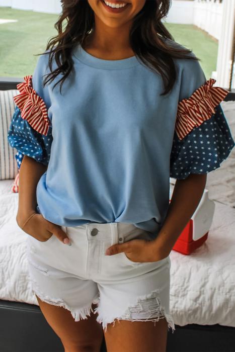 Stars & Stripe Ruffle Puff Sleeve Top