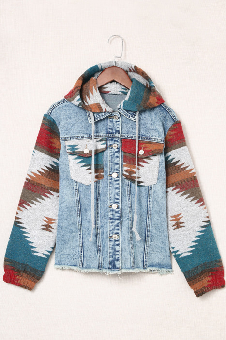 HIDDEN GEMS | Aztec Denim Patchwork Hooded Jacket