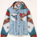  HIDDEN GEMS | Aztec Denim Patchwork Hooded Jacket