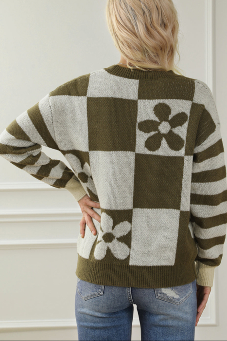 HIDDEN GEMS | Checker Floral Stripe Patchwork Sweater
