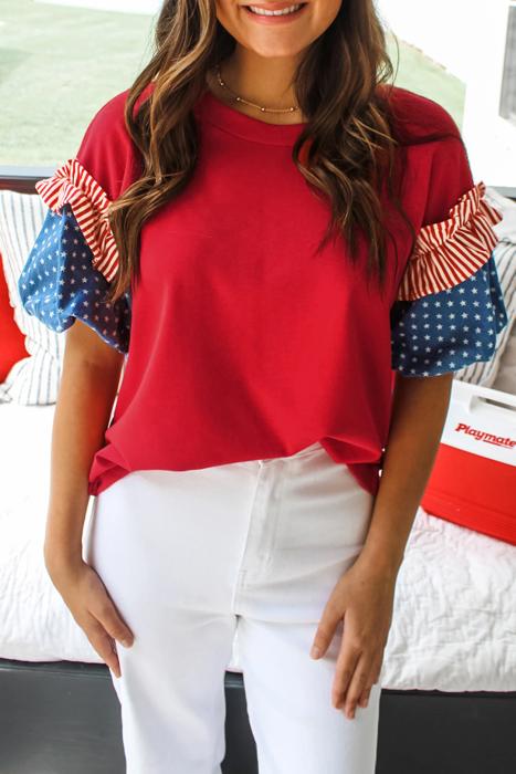 Stars & Stripe Ruffle Puff Sleeve Top