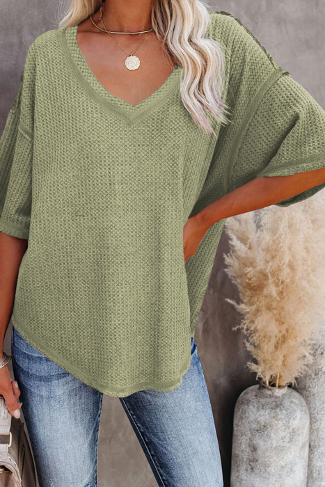 HIDDEN GEMS | Waffle Reverse Seam V-Neck Top