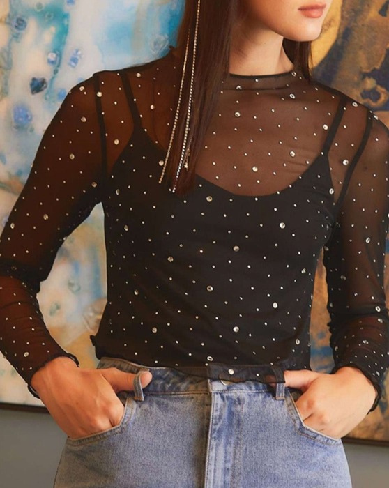 HIDDEN GEMS | Rhinestone Mesh Long Sleeve Top