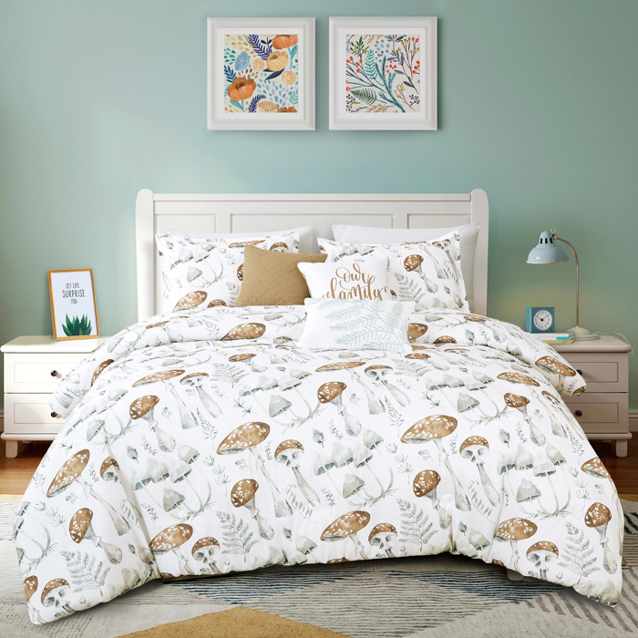 6 Piece Brown Mushroom Print Comforter Set Queen King Size