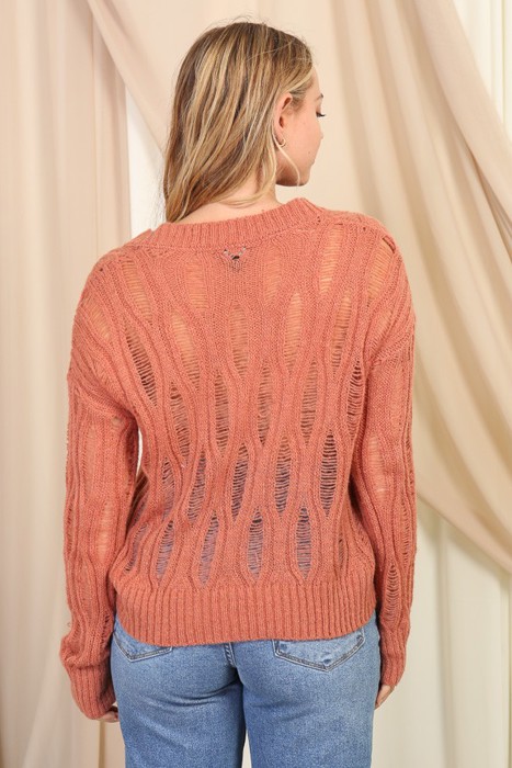 Distressed V-Neck Pullover Sweater