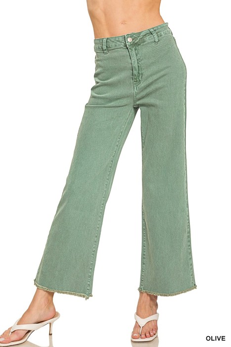 	 ACID WASHED HIGH WAIST FRAYED HEM BOOTCUT PANTS