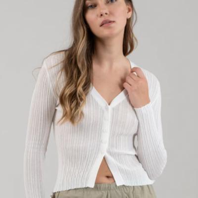 V NECK BUTTON DOWN SHEER KNIT CARDIGAN