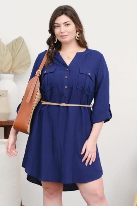 PLUS 3/4 SLEEVE BELTED MINI DRESS