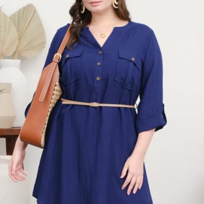 PLUS 3/4 SLEEVE BELTED MINI DRESS