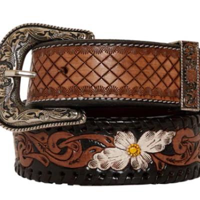MYRA- Checkered brown Hand-Tooled Leather Women's Belt