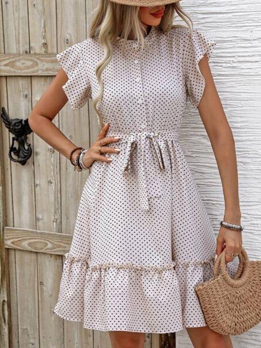 Beige Polka Dot Ruffle Sleeve Dress