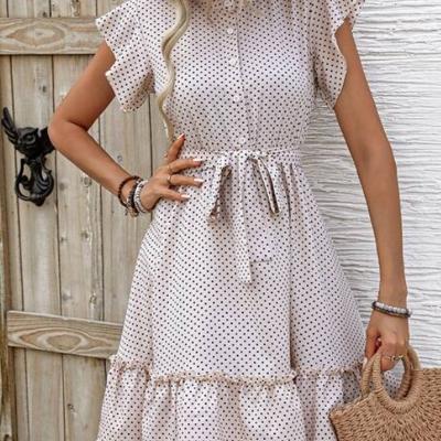 Beige Polka Dot Ruffle Sleeve Dress