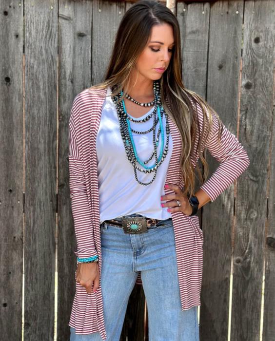 Mauve Striped Mid-Length Cardigan