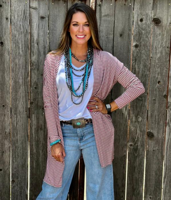 Mauve Striped Mid-Length Cardigan