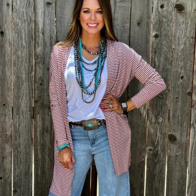 Mauve Striped Mid-Length Cardigan