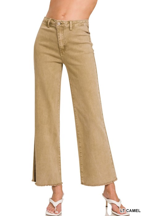 	 ACID WASHED HIGH WAIST FRAYED HEM BOOTCUT PANTS