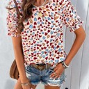  Round Neck Heart Print Ruffled Sleeve Top