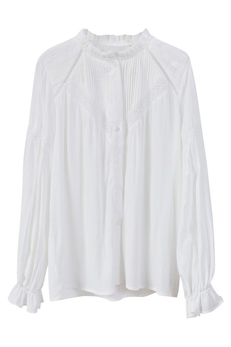Ruffle High-neck Long Puff Sleeve Lace White Blouse