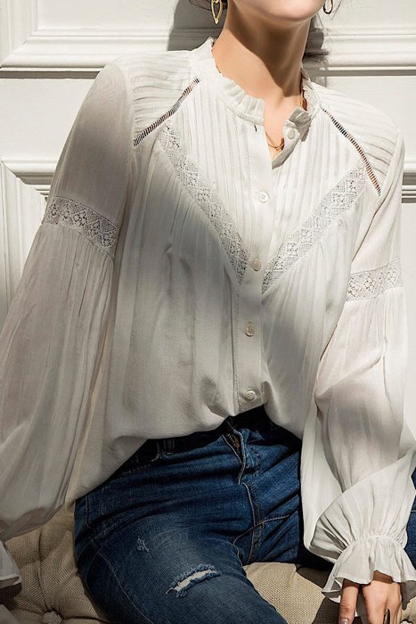 Ruffle High-neck Long Puff Sleeve Lace White Blouse
