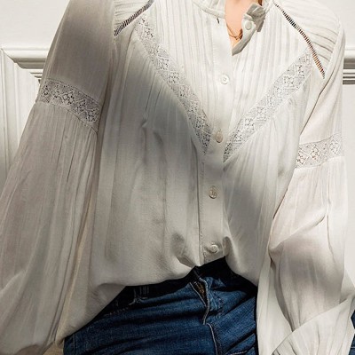 Ruffle High-neck Long Puff Sleeve Lace White Blouse