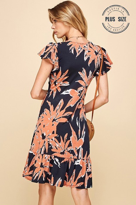 PLUS SIZE FLORAL V NECK SUMMER DRESS W RUFFLE