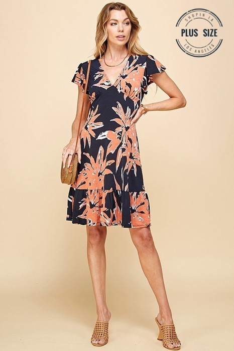 PLUS SIZE FLORAL V NECK SUMMER DRESS W RUFFLE