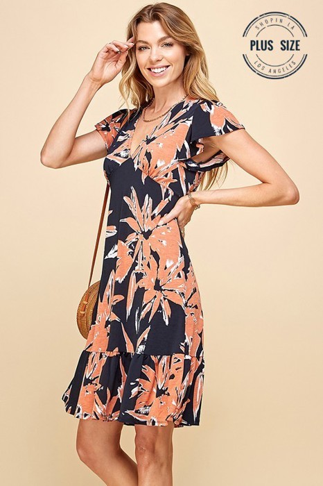 PLUS SIZE FLORAL V NECK SUMMER DRESS W RUFFLE