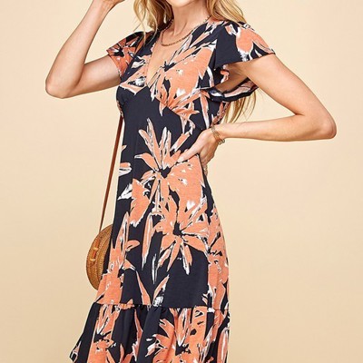 PLUS SIZE FLORAL V NECK SUMMER DRESS W RUFFLE