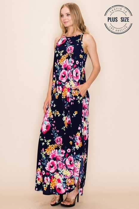 PLUS SIZE FLORAL PRINT MAXI SLIT DRESS