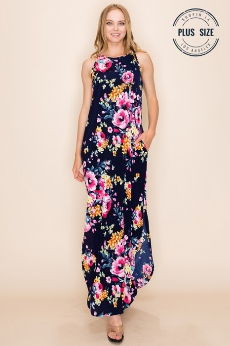 PLUS SIZE FLORAL PRINT MAXI SLIT DRESS