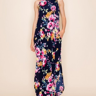 PLUS SIZE FLORAL PRINT MAXI SLIT DRESS