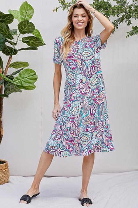 WOMEN PAISLEY SHORT SLEEVE MIDI DRESS W/ POCKETS