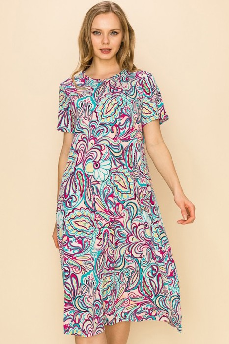 WOMEN PAISLEY SHORT SLEEVE MIDI DRESS W/ POCKETS