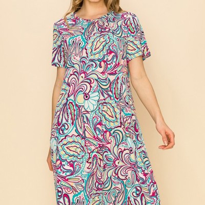 WOMEN PAISLEY SHORT SLEEVE MIDI DRESS W/ POCKETS