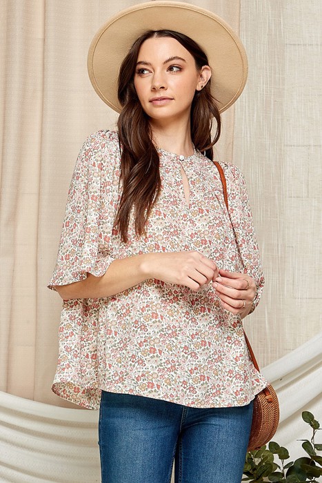 WOMEN NECK BUTTON RUFFLED SLEEVES SHIRRING TUNIC