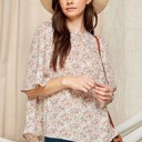  WOMEN NECK BUTTON RUFFLED SLEEVES SHIRRING TUNIC