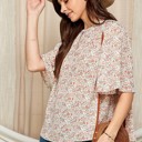  WOMEN NECK BUTTON RUFFLED SLEEVES SHIRRING TUNIC